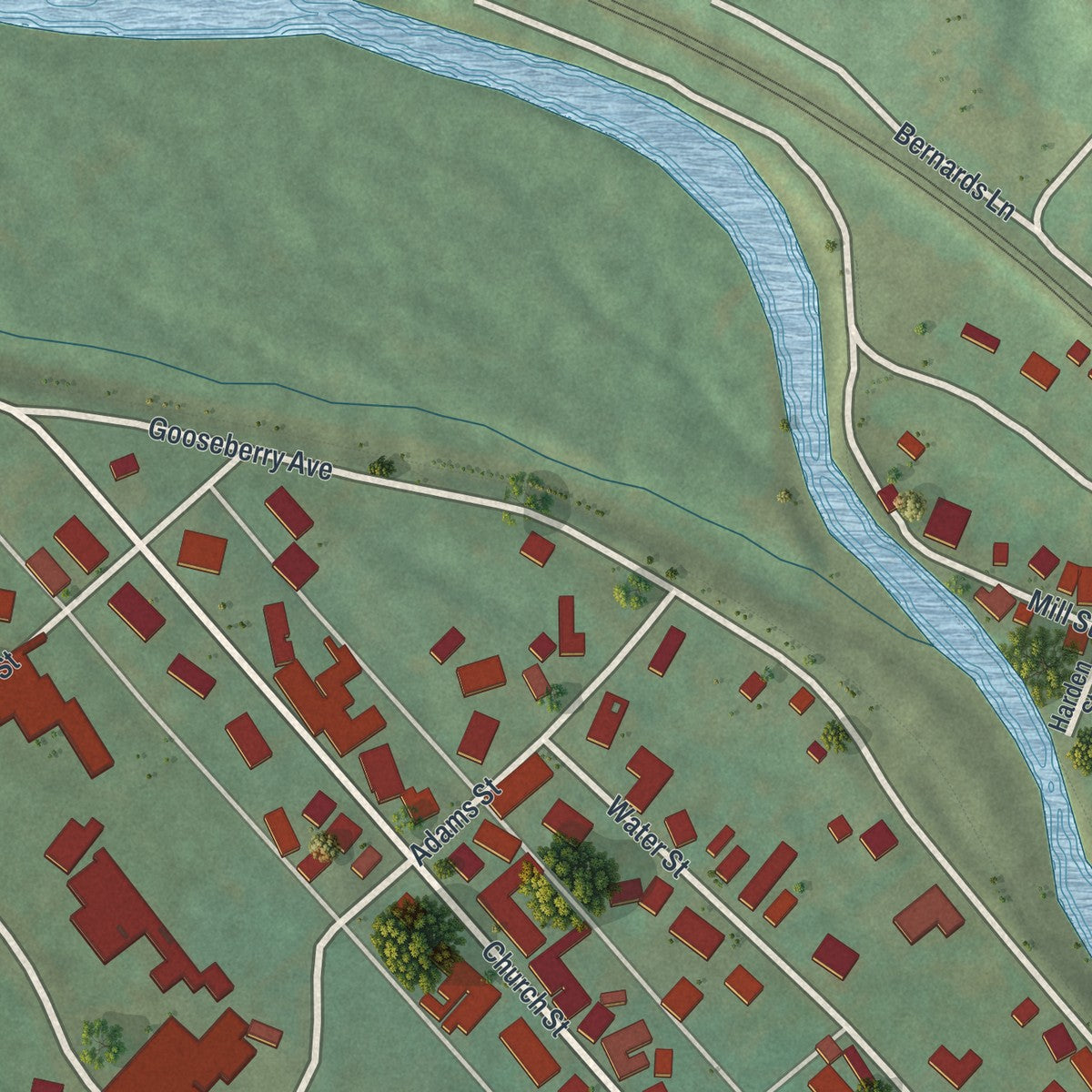 Second close-up of the map of Hyndman, Pennsylvania print showing more streets and buildings