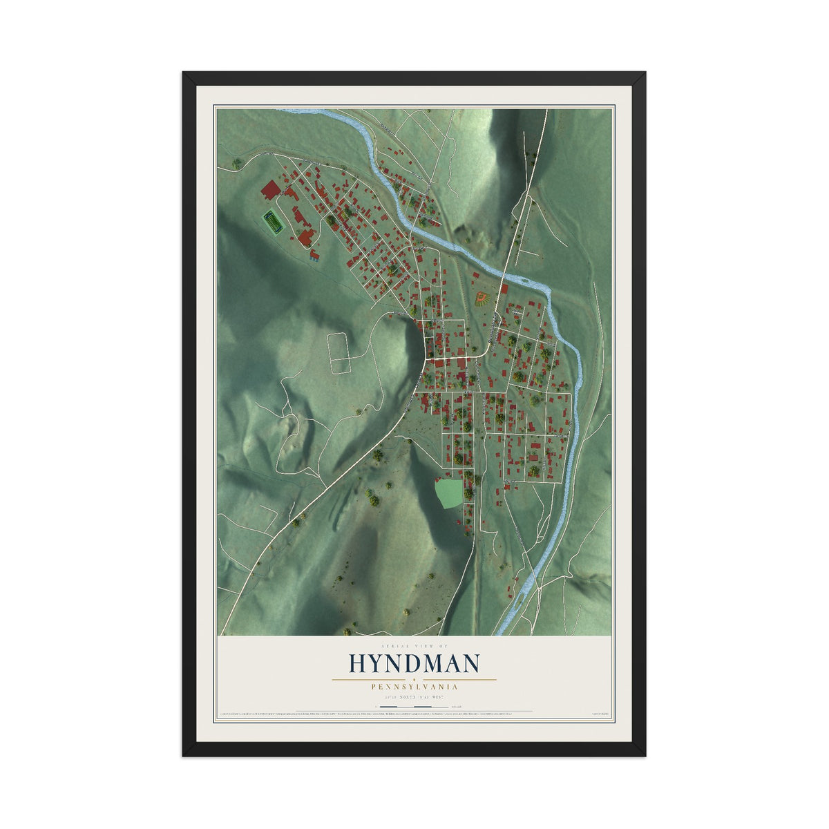 Map of Hyndman, Pennsylvania, 12 x 18 inch print in a black wood frame