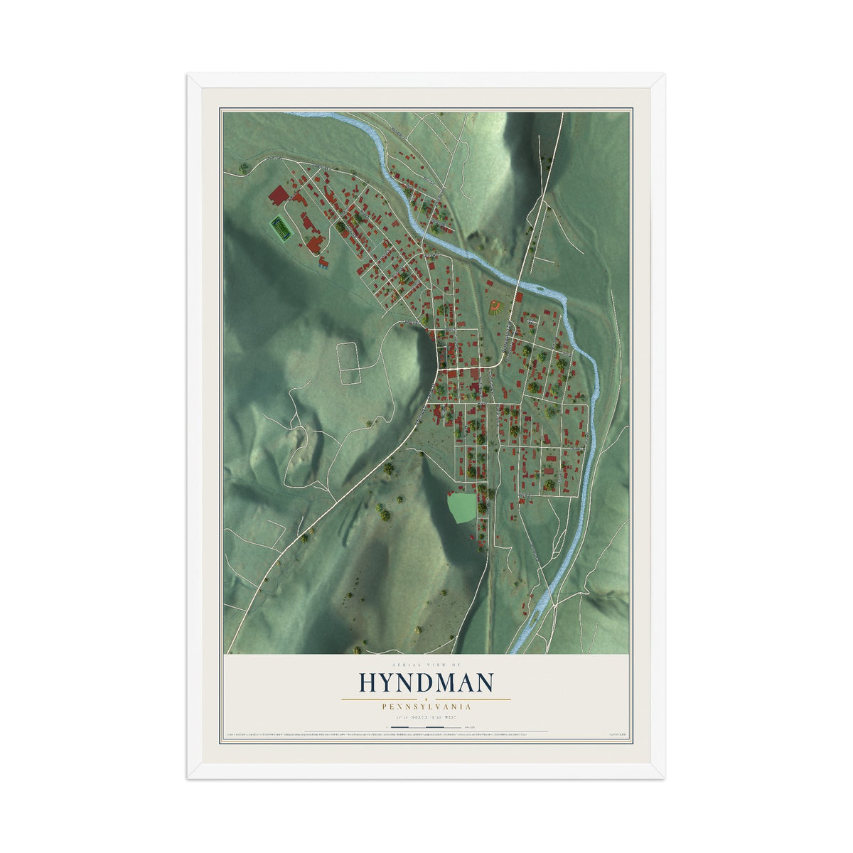 Map of Hyndman, Pennsylvania, 12 x 18 inch print in a white wood frame