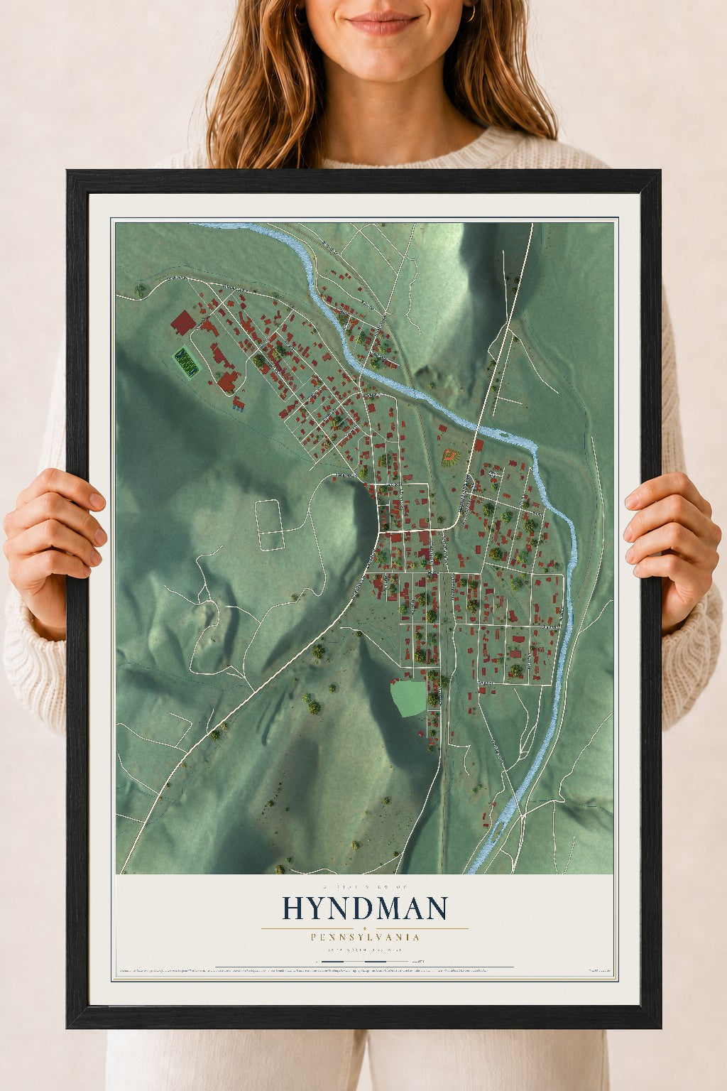 Map of Hyndman, Pennsylvania, 18 x 24 inch print in a black wood frame