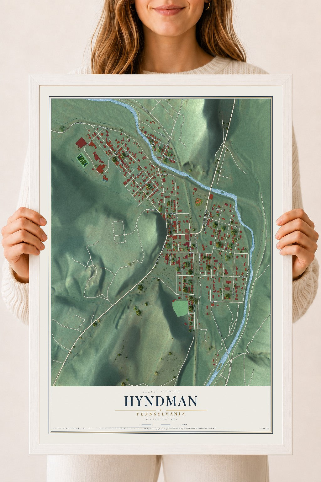 Map of Hyndman, Pennsylvania, 18 x 24 inch print in a white wood frame