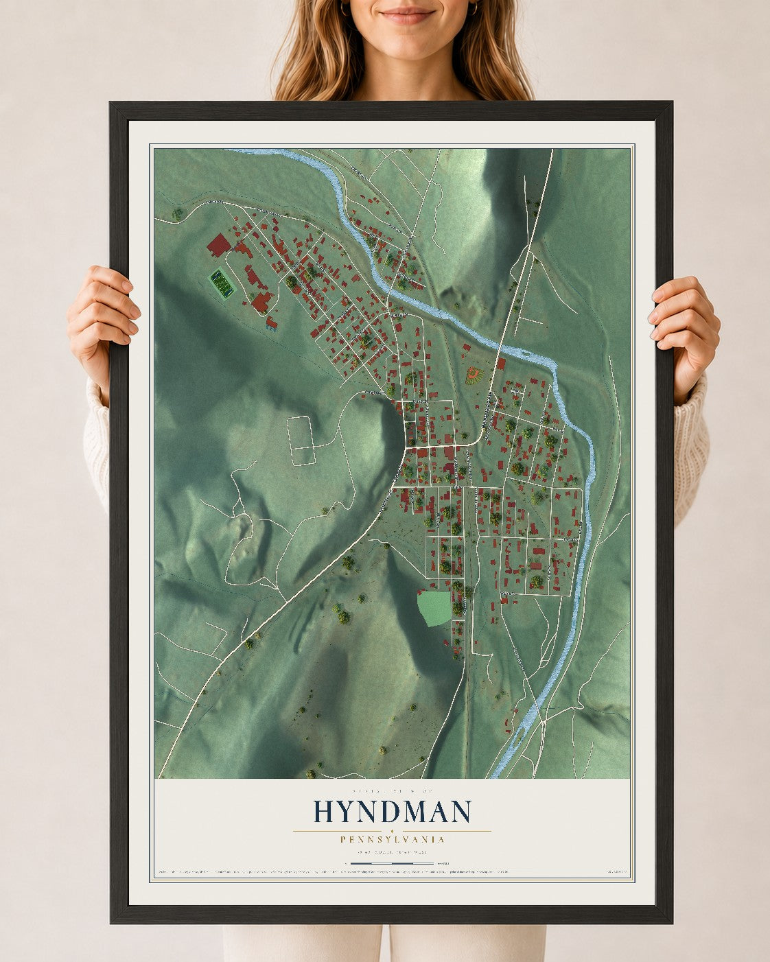 Map of Hyndman, Pennsylvania, 24 x 36 inch print in a black wood frame