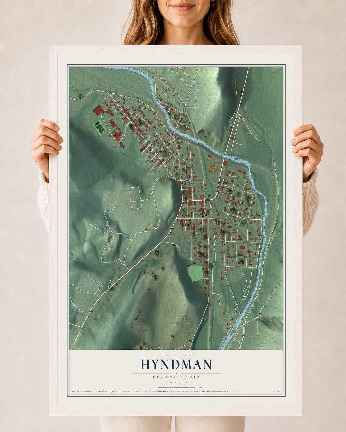 Map of Hyndman, Pennsylvania, 24 x 36 inch print in a white wood frame