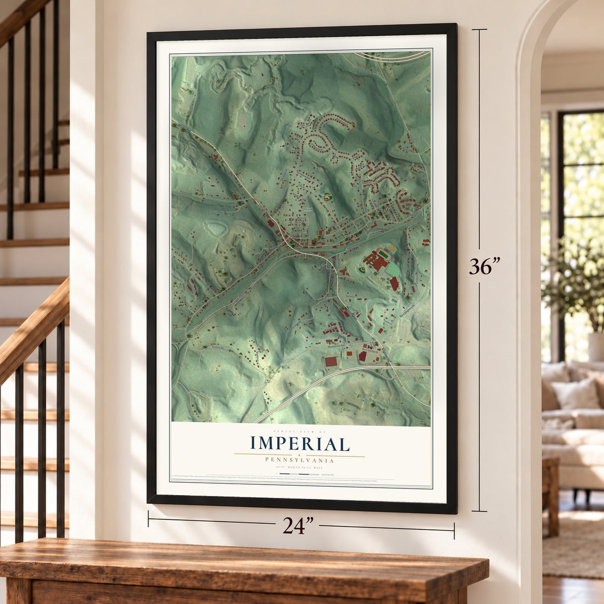 Imperial, Pennsylvania map, 24 x 36 inch print in a black frame by a staircase