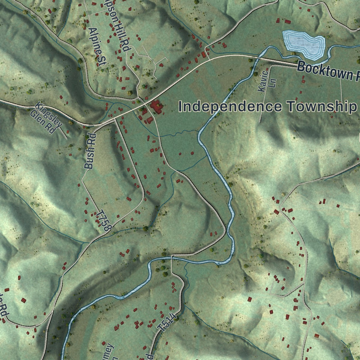 Second close-up of the map of Independence, Beaver County, Pennsylvania print showing more streets and buildings