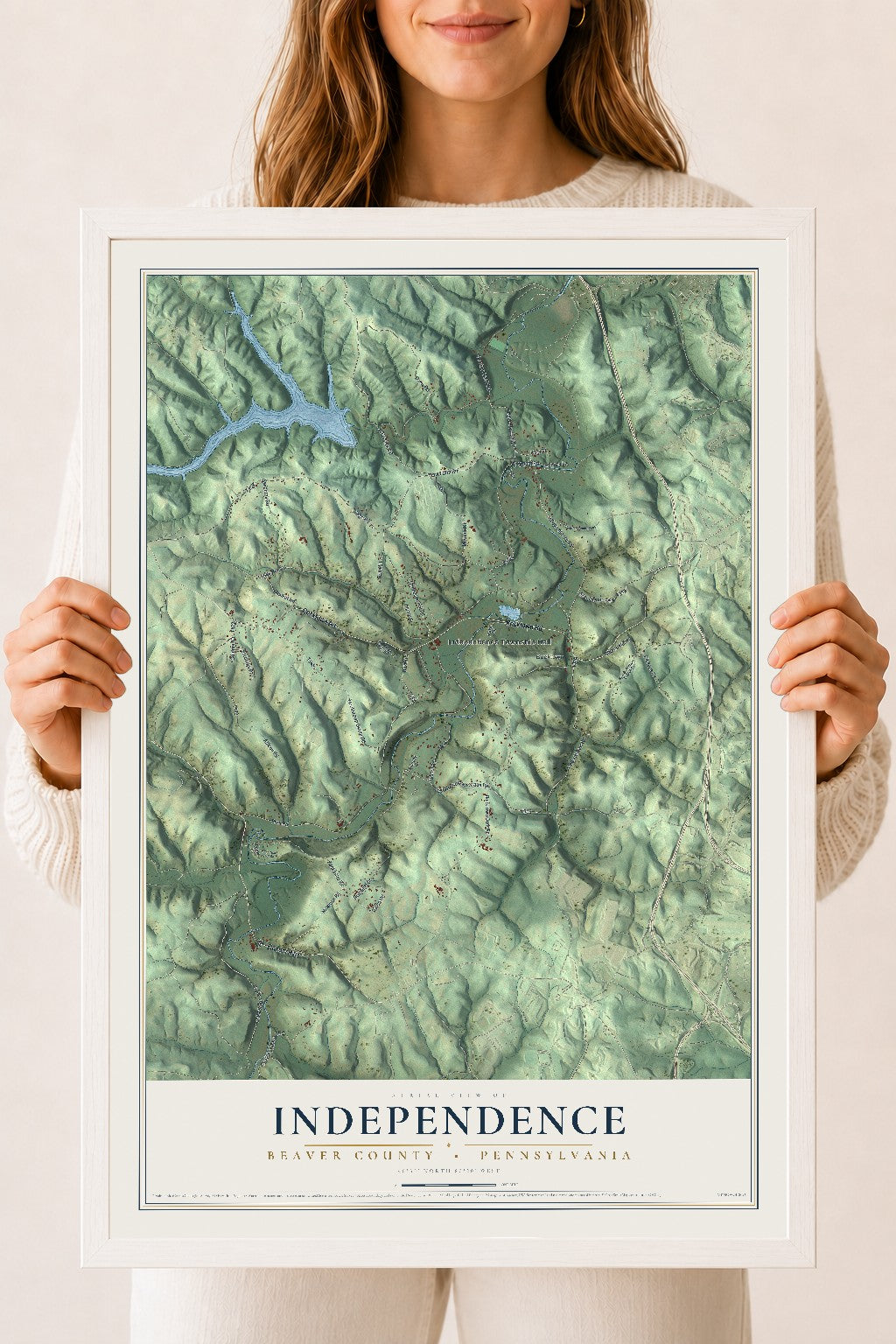 Map of Independence, Beaver County, Pennsylvania, 18 x 24 inch print in a white wood frame