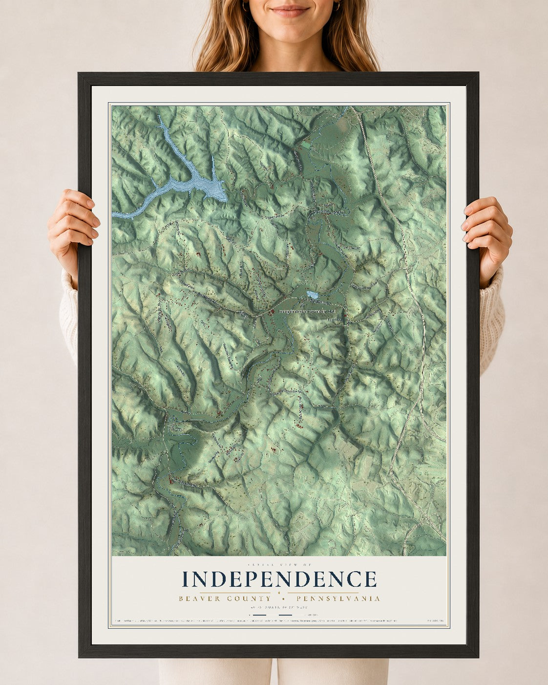 Map of Independence, Beaver County, Pennsylvania, 24 x 36 inch print in a black wood frame