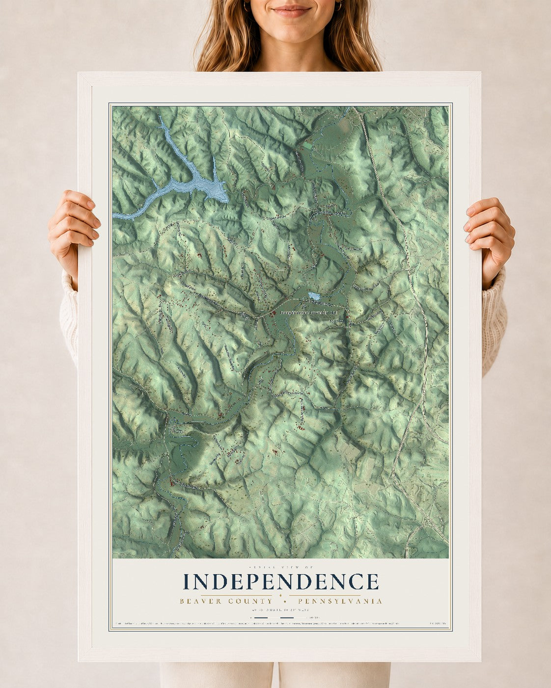 Map of Independence, Beaver County, Pennsylvania, 24 x 36 inch print in a white wood frame