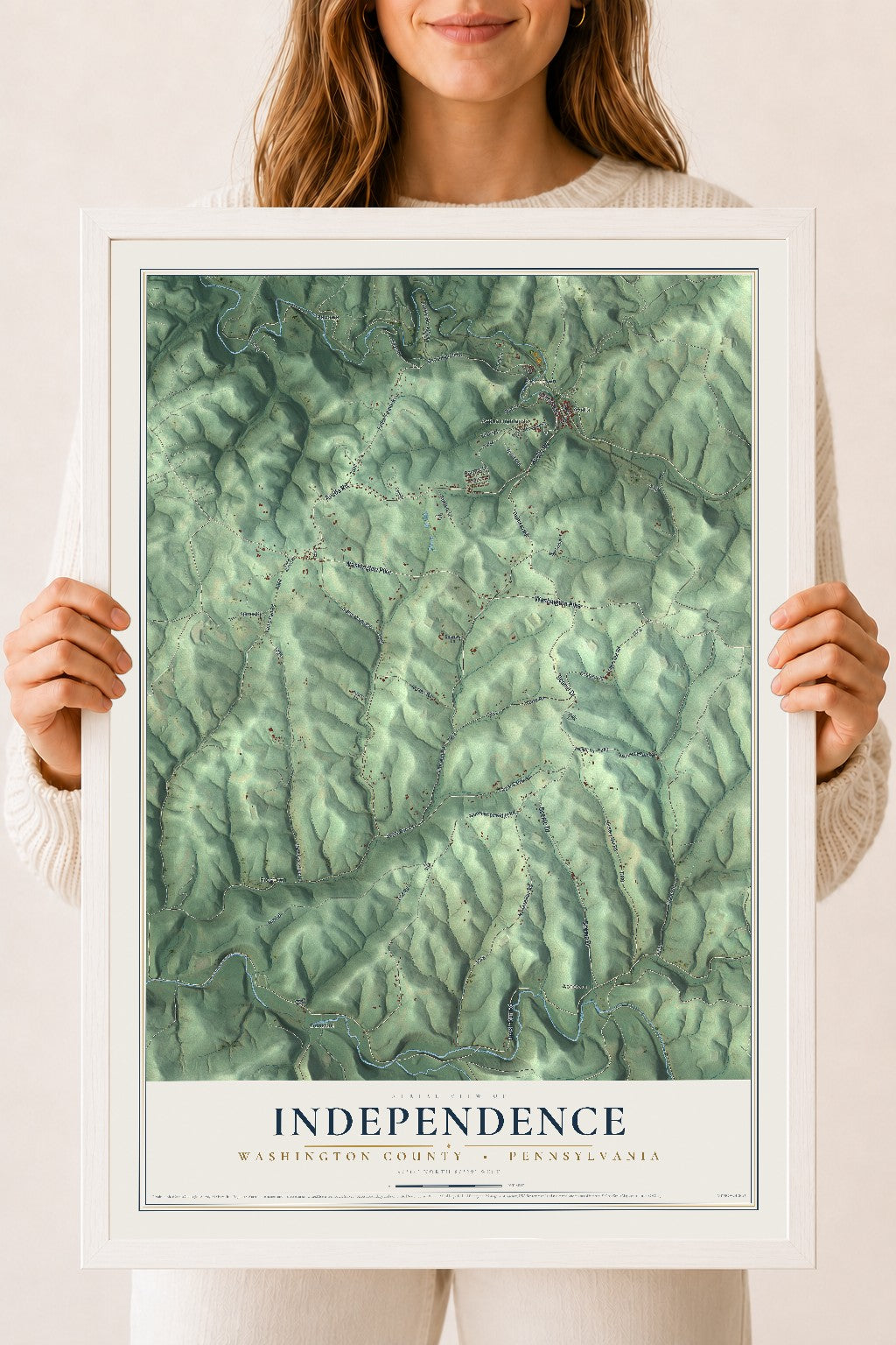 Map of Independence, Washington County, Pennsylvania, 18 x 24 inch print in a white wood frame