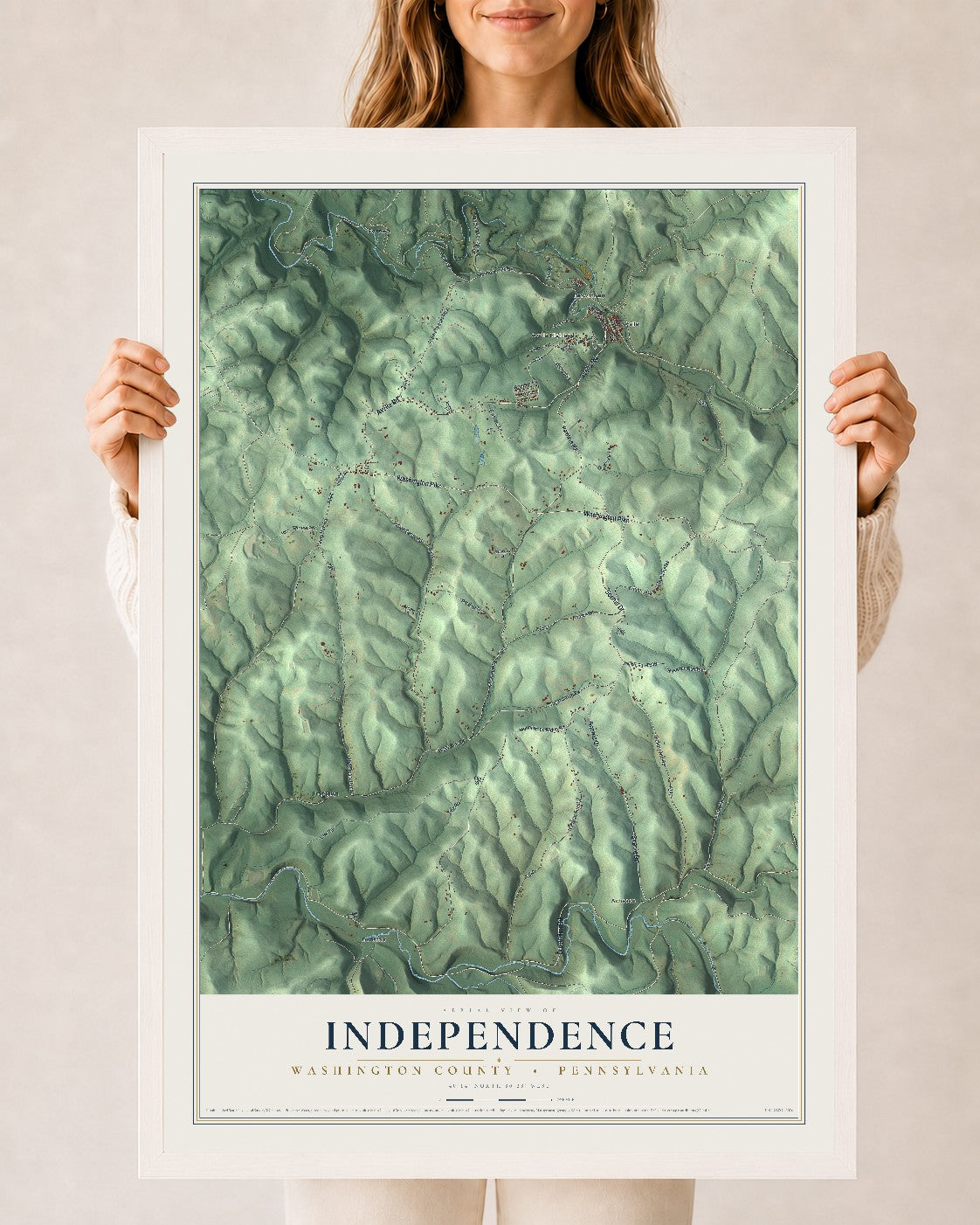 Map of Independence, Washington County, Pennsylvania, 24 x 36 inch print in a white wood frame