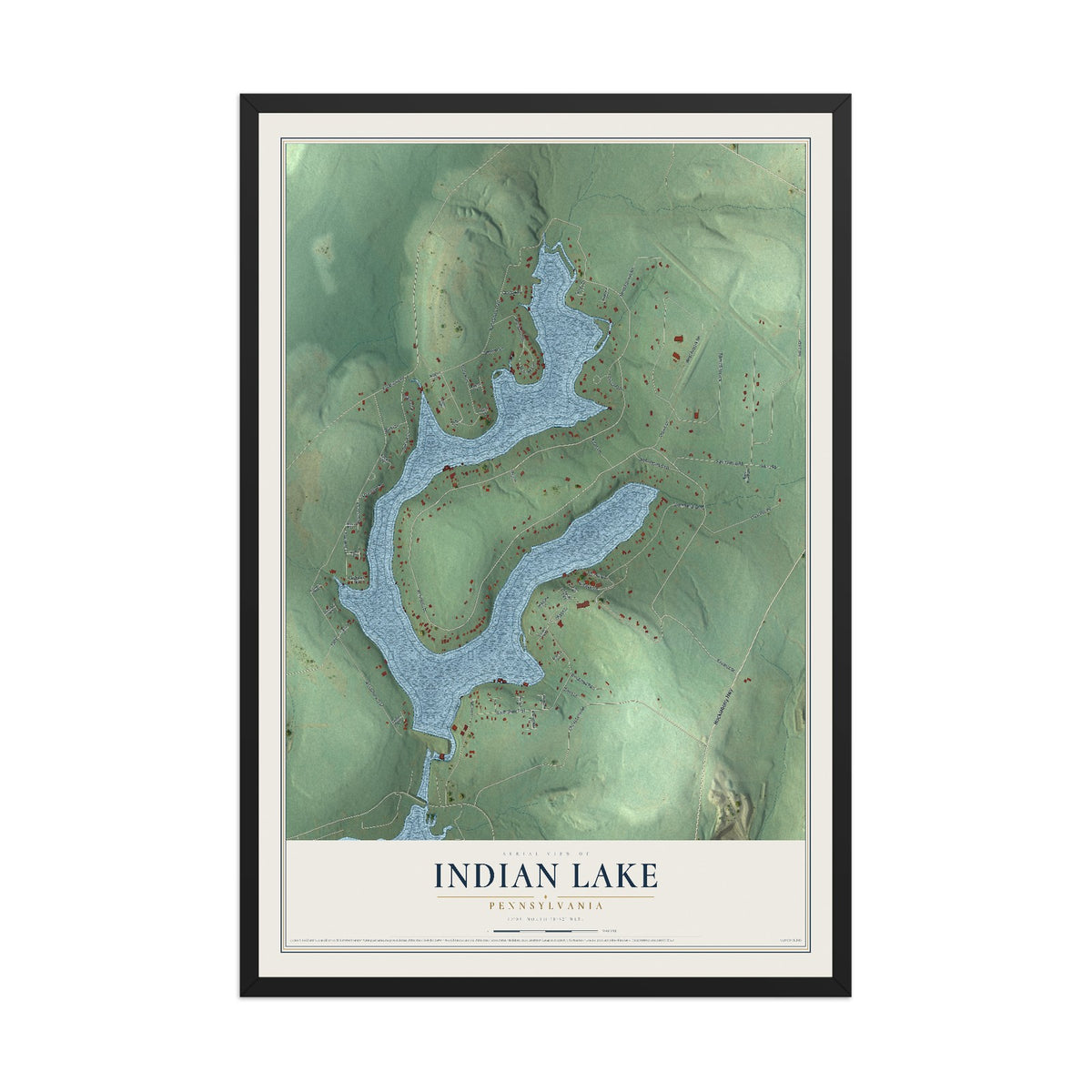 Map of Indian Lake, Pennsylvania, 12 x 18 inch print in a black wood frame