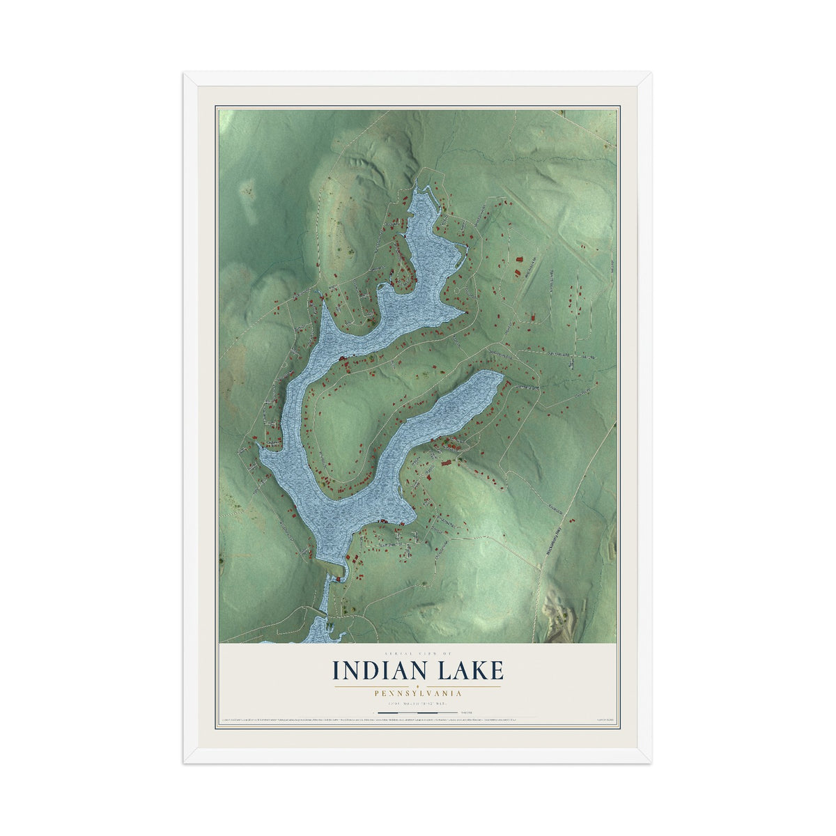 Map of Indian Lake, Pennsylvania, 12 x 18 inch print in a white wood frame