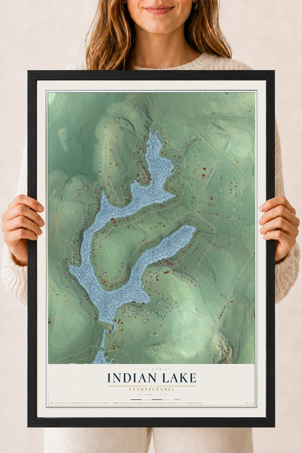 Map of Indian Lake, Pennsylvania, 18 x 24 inch print in a black wood frame