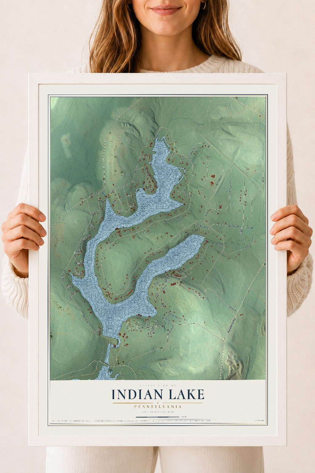 Map of Indian Lake, Pennsylvania, 18 x 24 inch print in a white wood frame