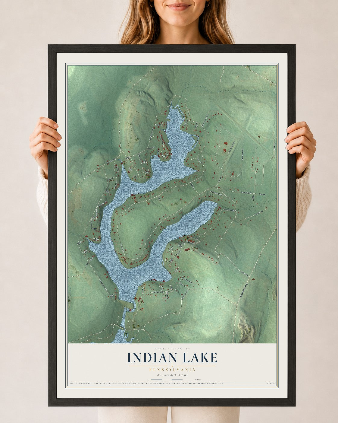 Map of Indian Lake, Pennsylvania, 24 x 36 inch print in a black wood frame