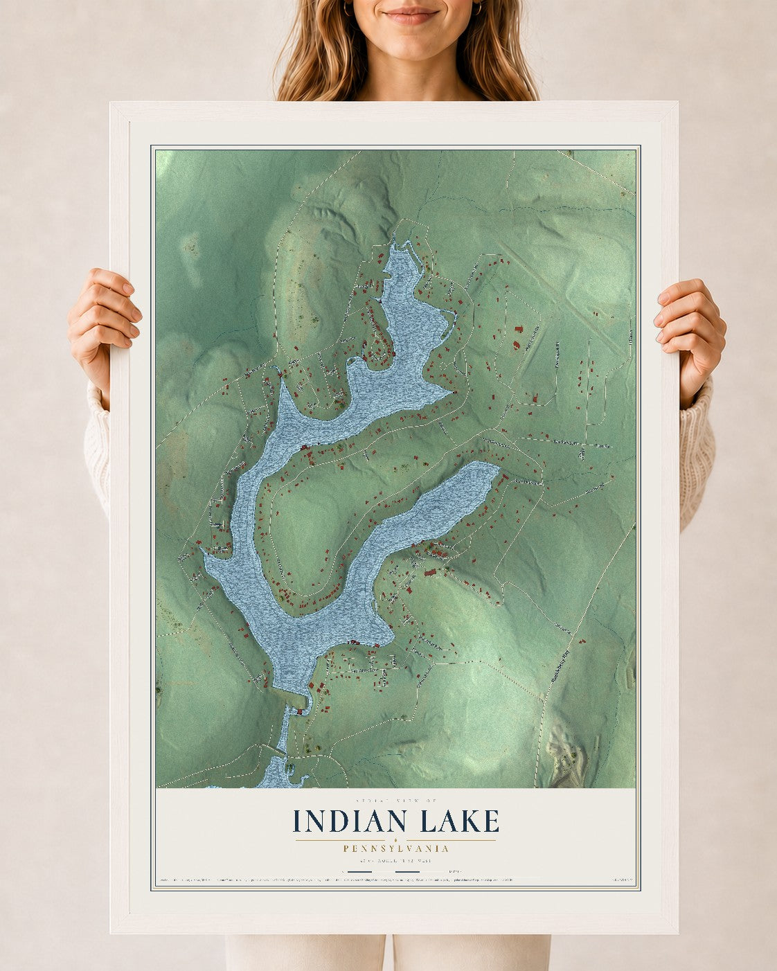 Map of Indian Lake, Pennsylvania, 24 x 36 inch print in a white wood frame