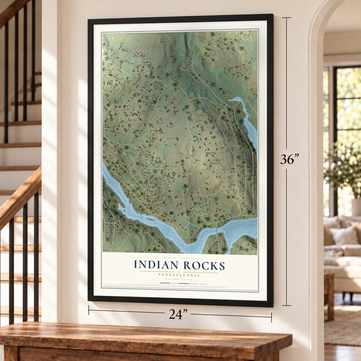 Indian Rocks, Pennsylvania map, 24 x 36 inch print in a black frame by a staircase
