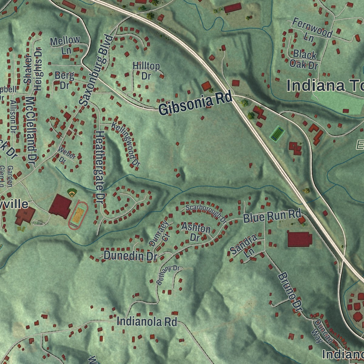 Close-up of the map of Indiana, Allegheny County, Pennsylvania print showing street and building detail