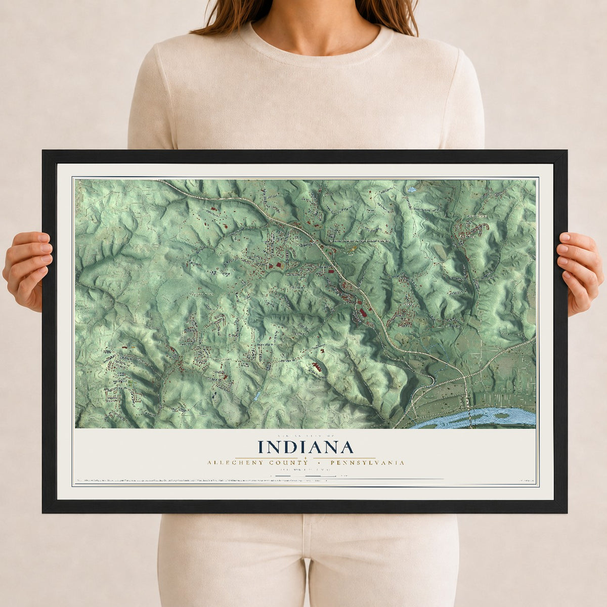 Map of Indiana, Allegheny County, Pennsylvania, 12 x 18 inch print in a black wood frame