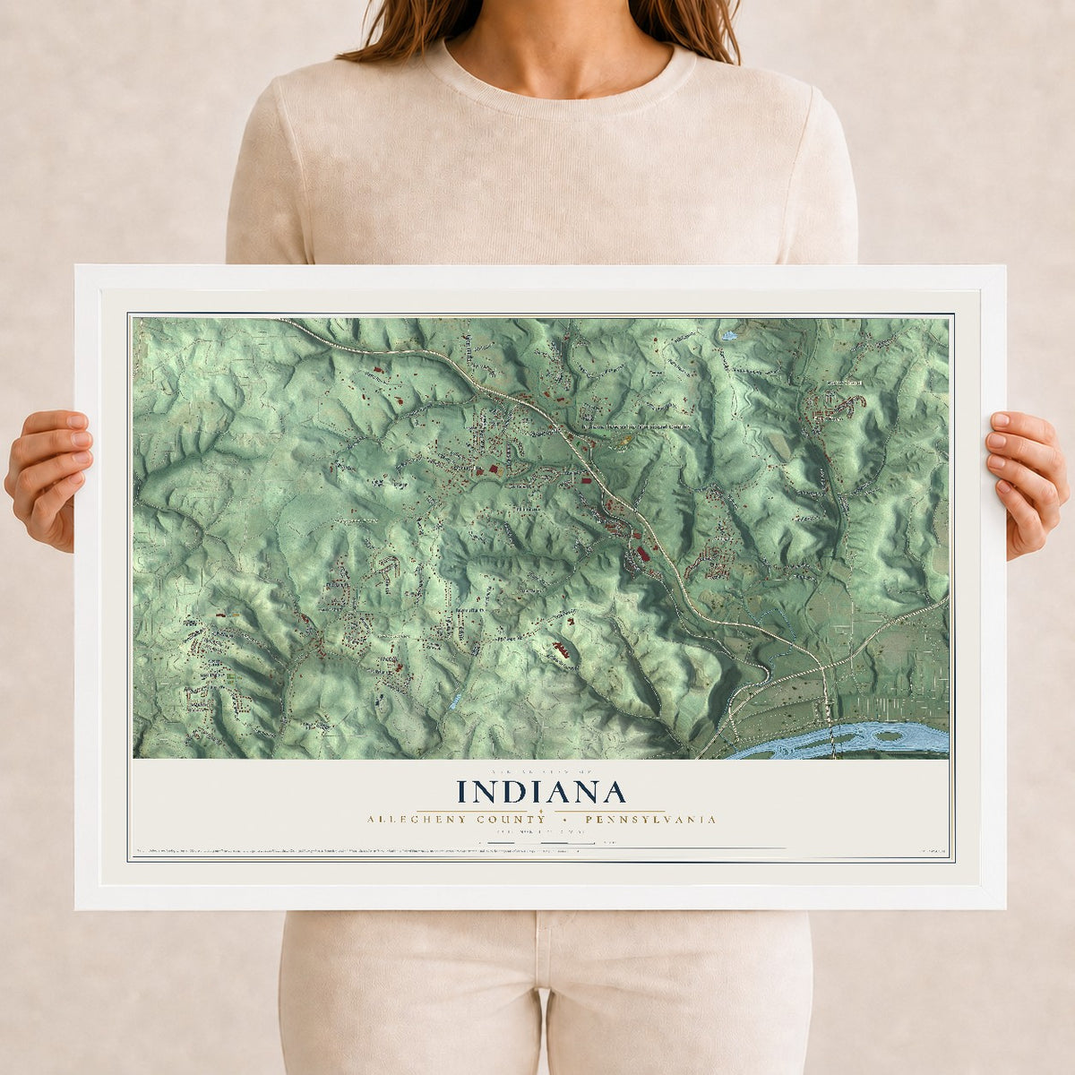 Map of Indiana, Allegheny County, Pennsylvania, 12 x 18 inch print in a white wood frame
