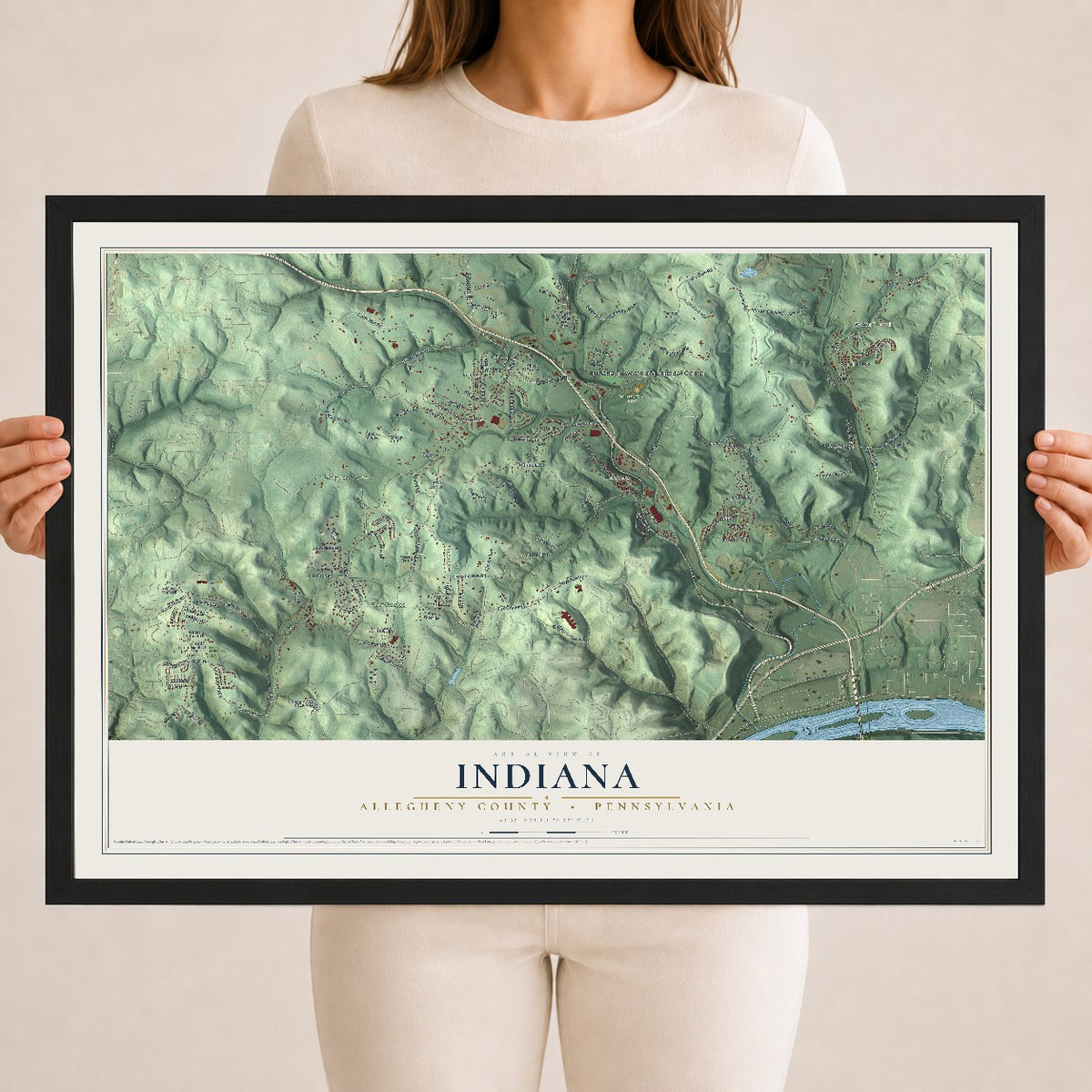 Map of Indiana, Allegheny County, Pennsylvania, 18 x 24 inch print in a black wood frame