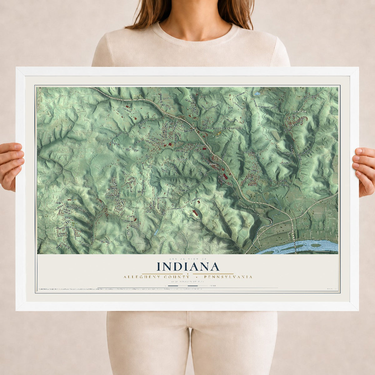 Map of Indiana, Allegheny County, Pennsylvania, 18 x 24 inch print in a white wood frame