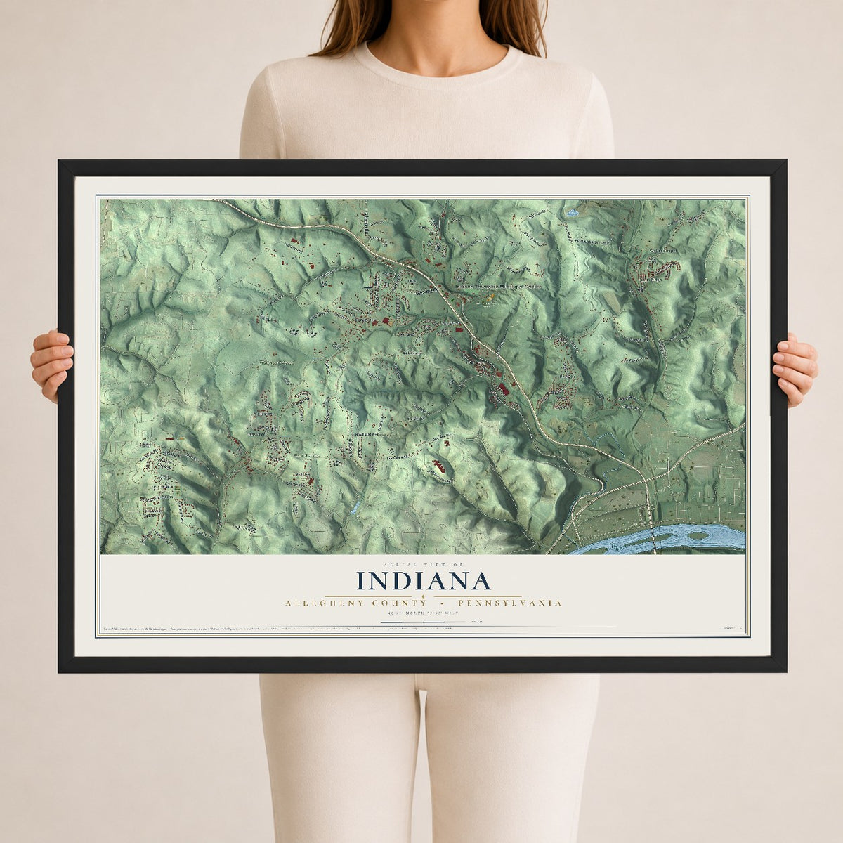 Map of Indiana, Allegheny County, Pennsylvania, 24 x 36 inch print in a black wood frame