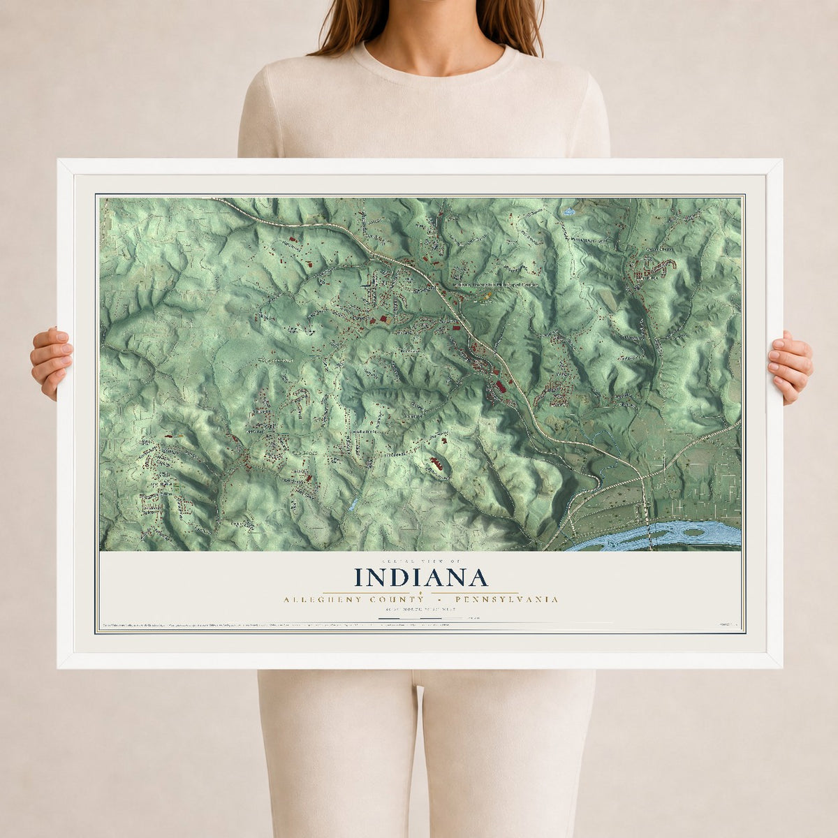 Map of Indiana, Allegheny County, Pennsylvania, 24 x 36 inch print in a white wood frame