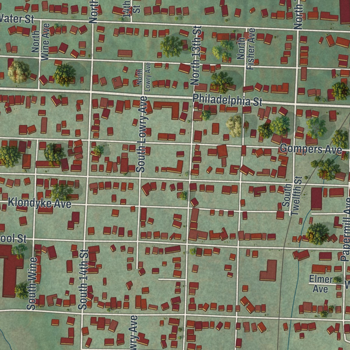 Close-up of the map of Indiana, Indiana County, Pennsylvania print showing street and building detail