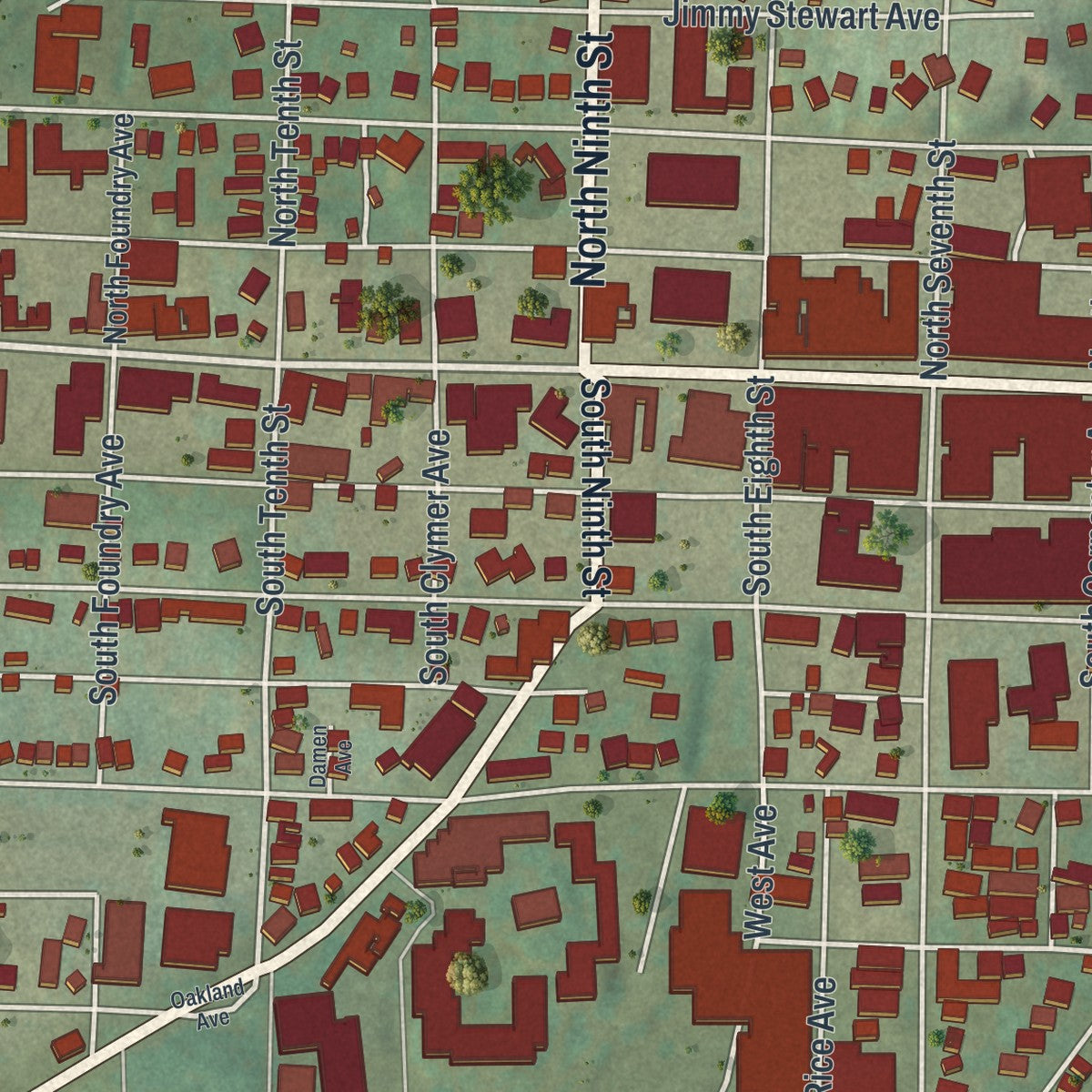 Second close-up of the map of Indiana, Indiana County, Pennsylvania print showing more streets and buildings