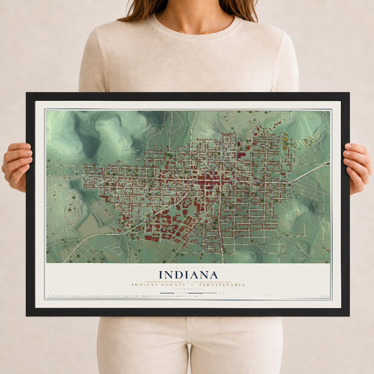 Map of Indiana, Indiana County, Pennsylvania, 12 x 18 inch print in a black wood frame