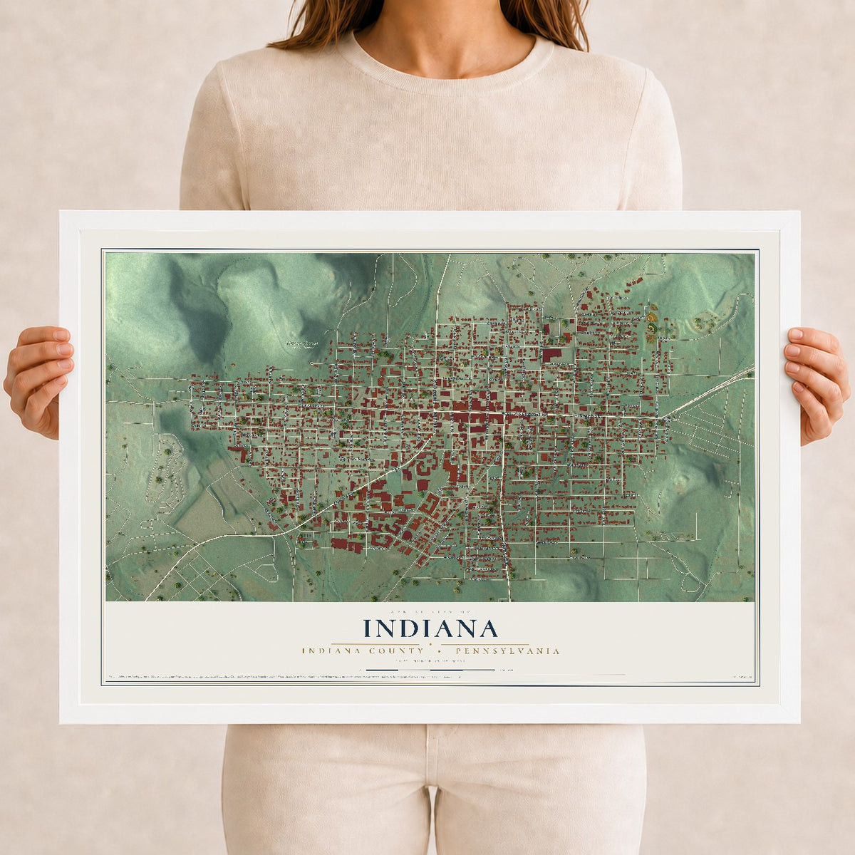 Map of Indiana, Indiana County, Pennsylvania, 12 x 18 inch print in a white wood frame