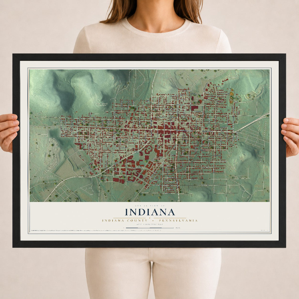 Map of Indiana, Indiana County, Pennsylvania, 18 x 24 inch print in a black wood frame