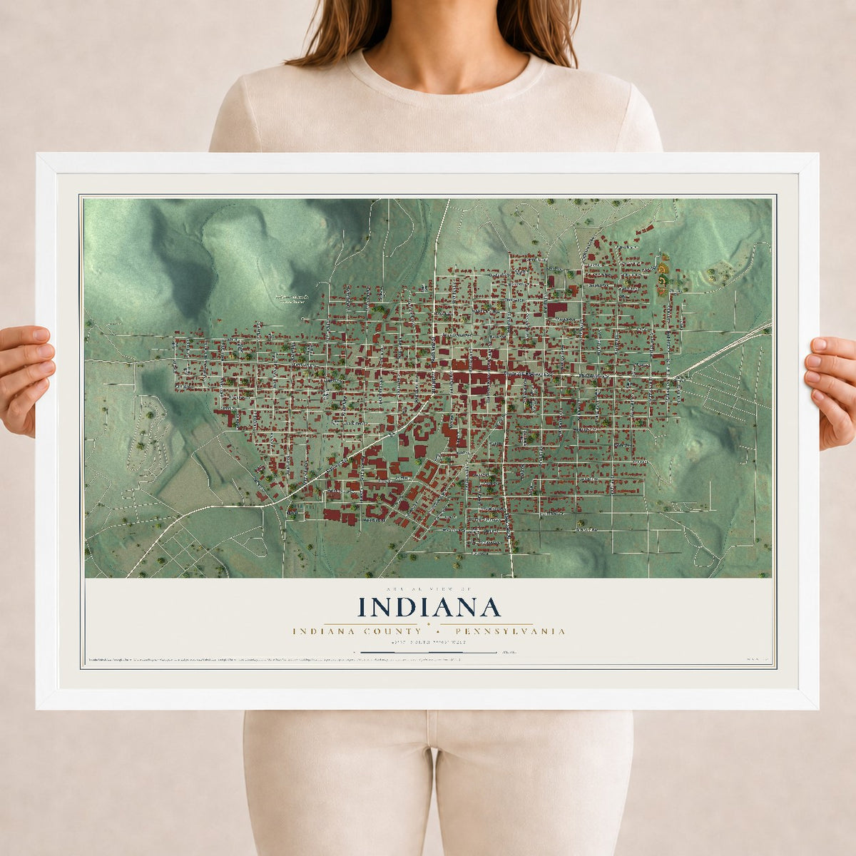 Map of Indiana, Indiana County, Pennsylvania, 18 x 24 inch print in a white wood frame