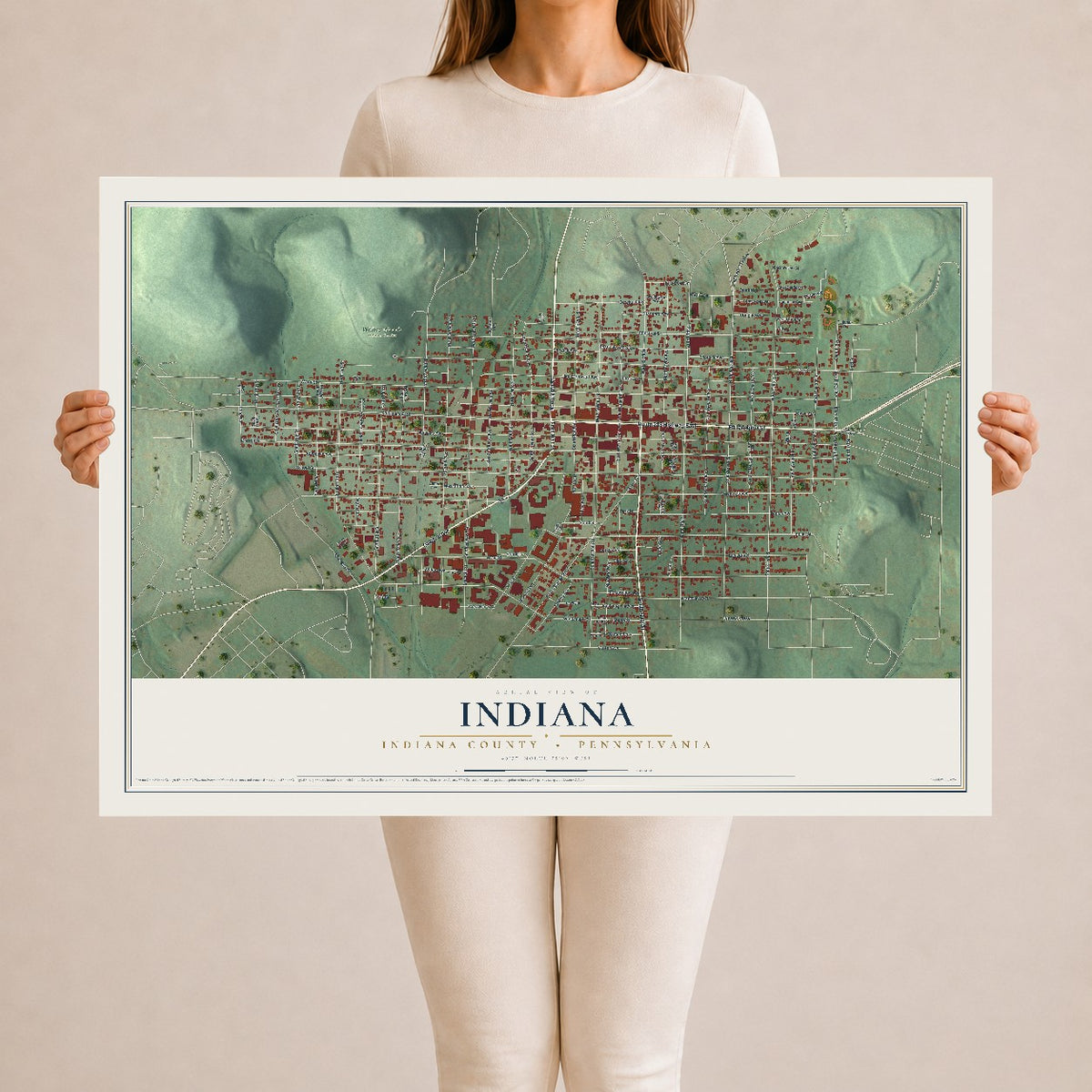Map of Indiana, Indiana County, Pennsylvania, 24 x 36 inch unframed archival matte print