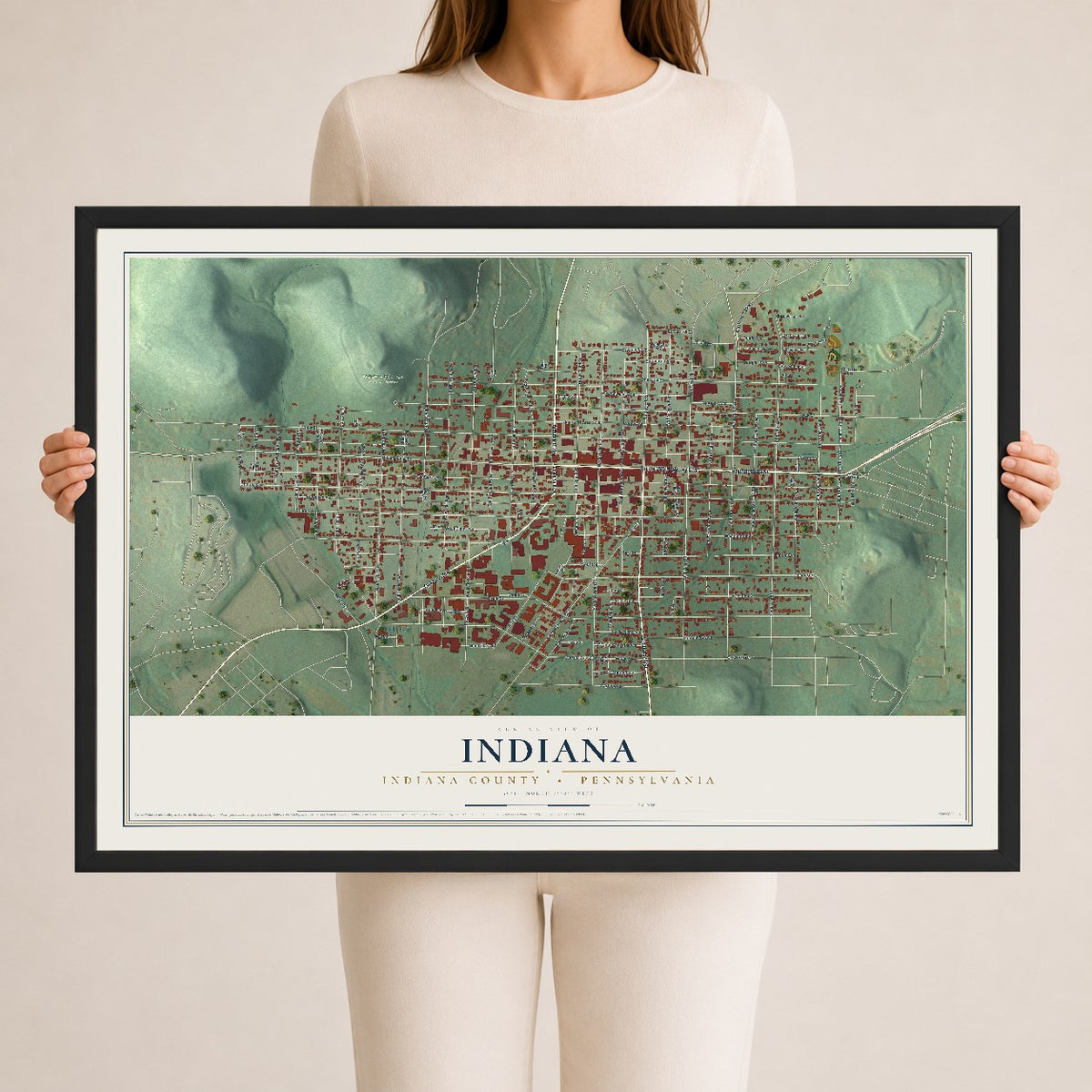 Map of Indiana, Indiana County, Pennsylvania, 24 x 36 inch print in a black wood frame