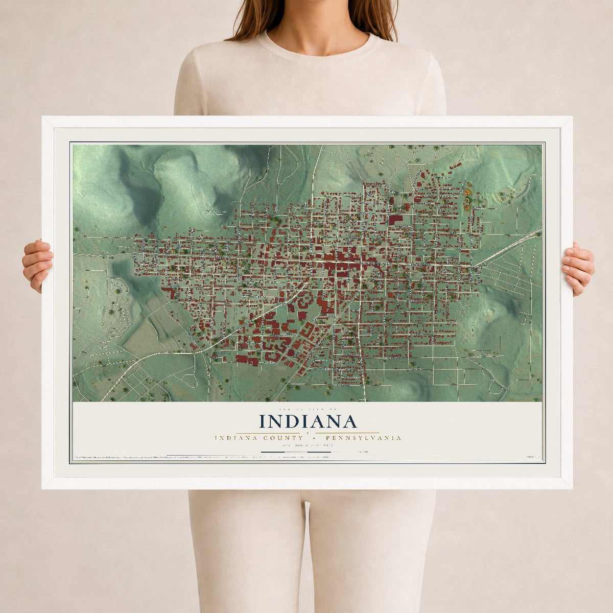 Map of Indiana, Indiana County, Pennsylvania, 24 x 36 inch print in a white wood frame