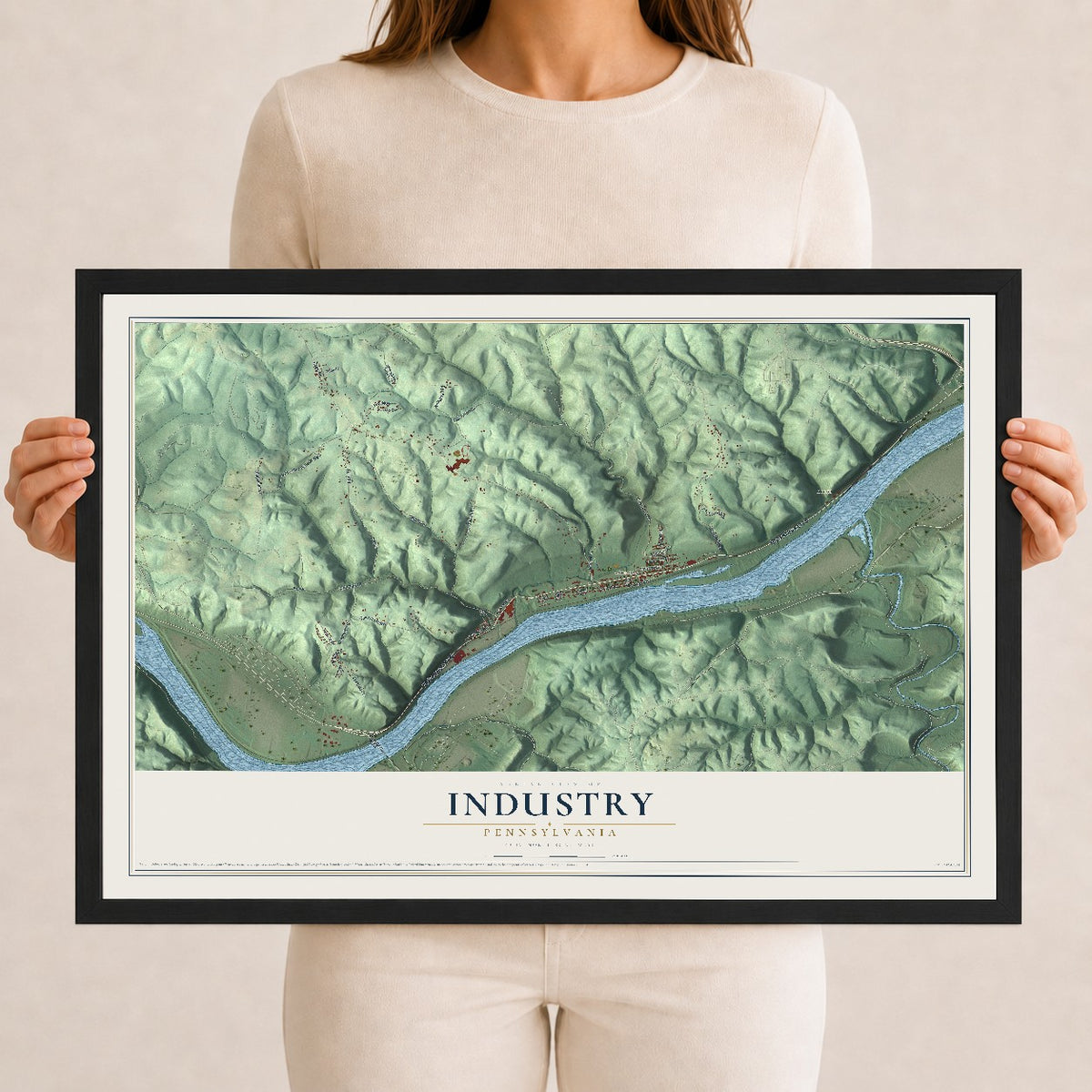 Map of Industry, Pennsylvania, 12 x 18 inch print in a black wood frame