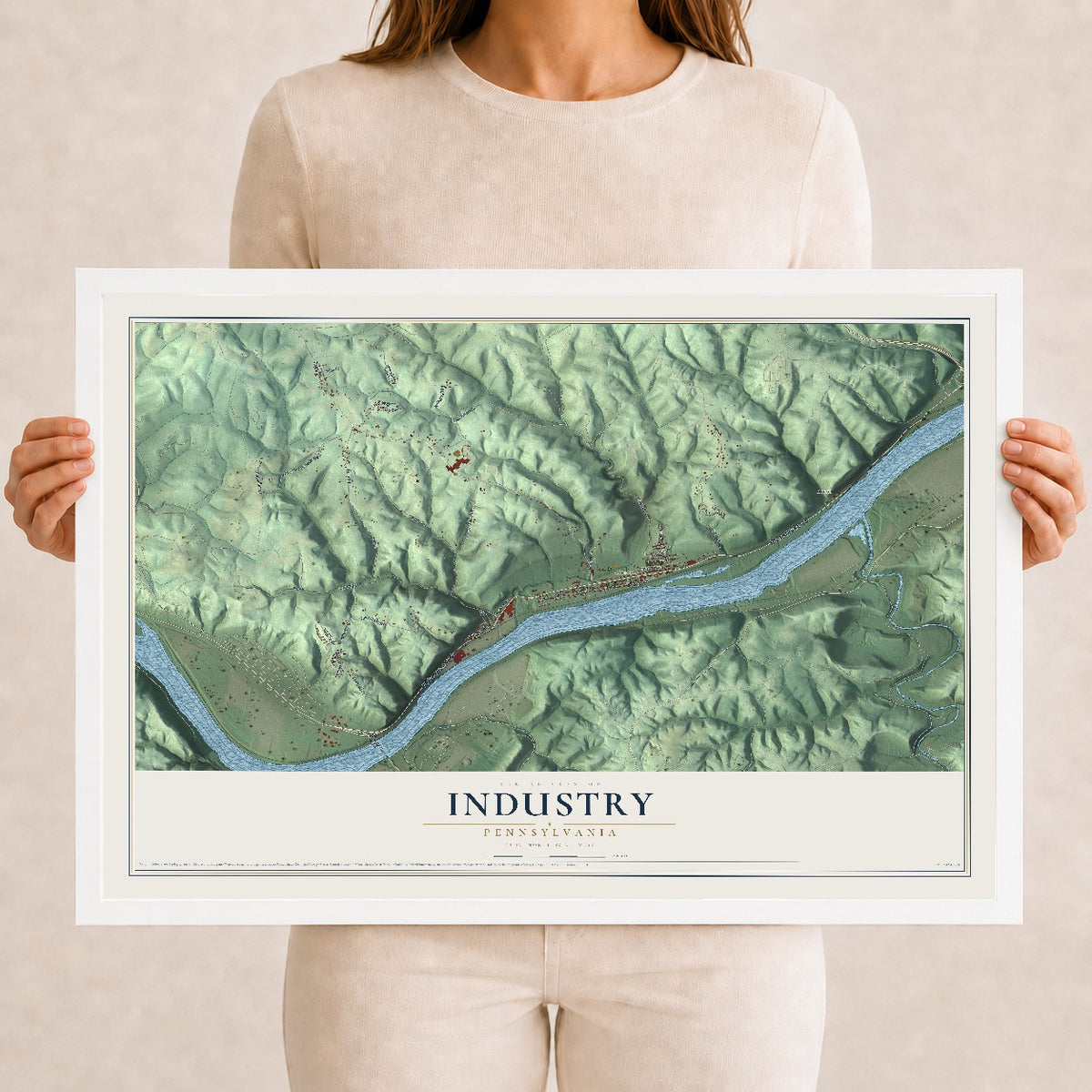 Map of Industry, Pennsylvania, 12 x 18 inch print in a white wood frame