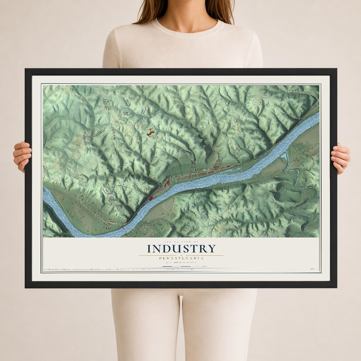 Map of Industry, Pennsylvania, 24 x 36 inch print in a black wood frame