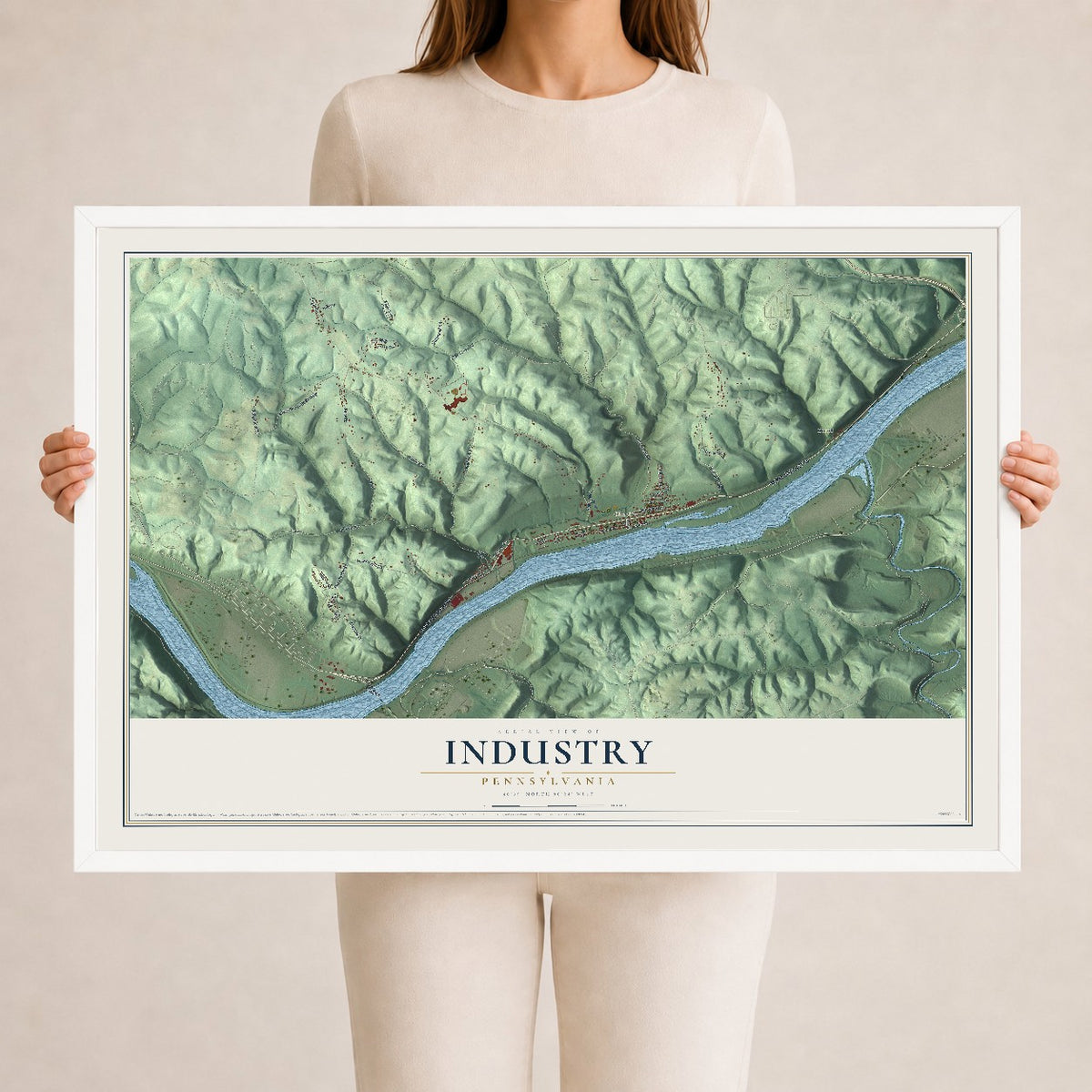 Map of Industry, Pennsylvania, 24 x 36 inch print in a white wood frame