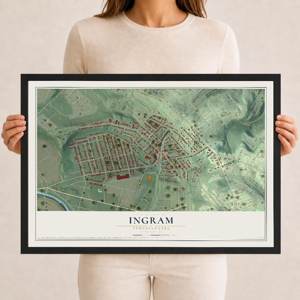 Map of Ingram, Pennsylvania, 12 x 18 inch print in a black wood frame