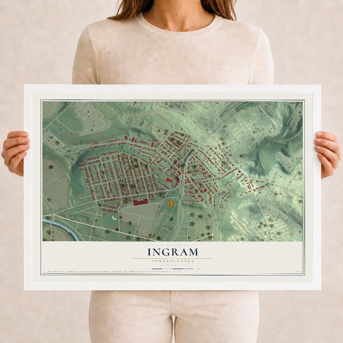 Map of Ingram, Pennsylvania, 12 x 18 inch print in a white wood frame