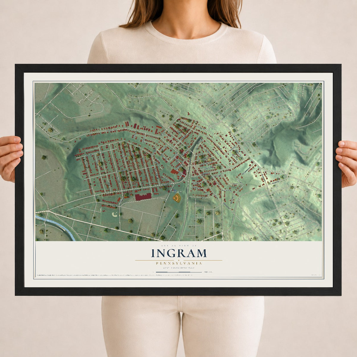 Map of Ingram, Pennsylvania, 18 x 24 inch print in a black wood frame