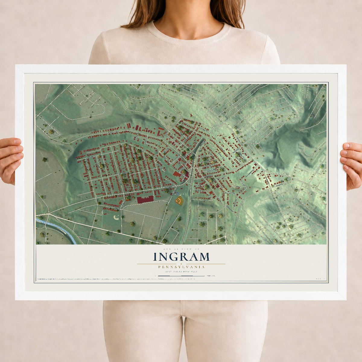 Map of Ingram, Pennsylvania, 18 x 24 inch print in a white wood frame