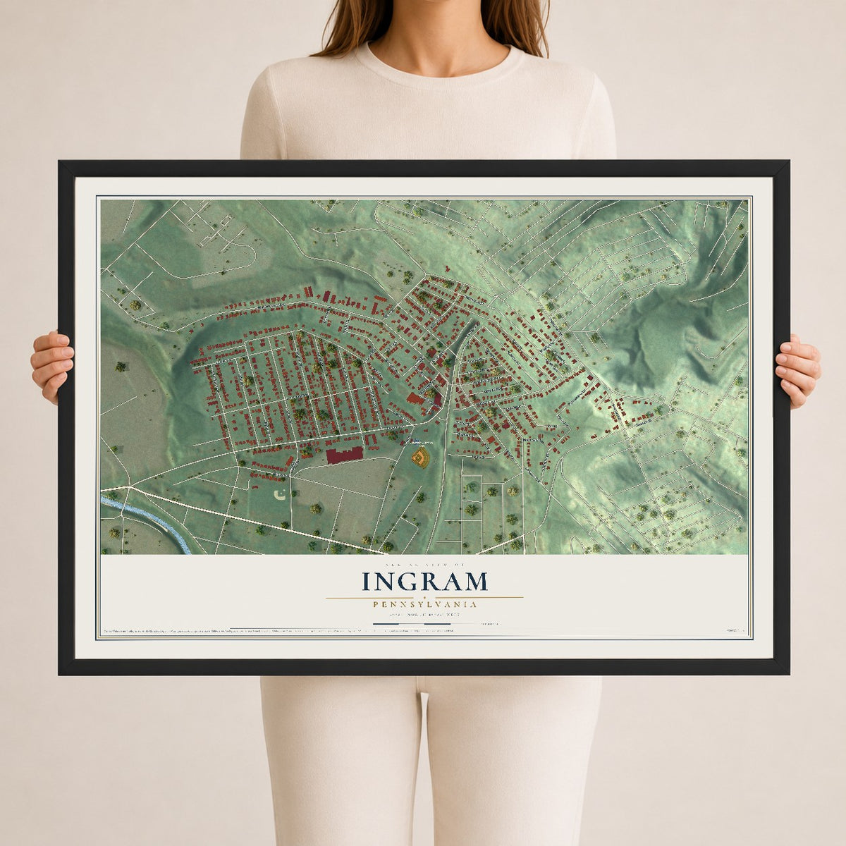 Map of Ingram, Pennsylvania, 24 x 36 inch print in a black wood frame
