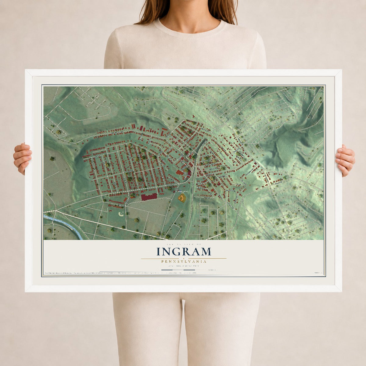 Map of Ingram, Pennsylvania, 24 x 36 inch print in a white wood frame