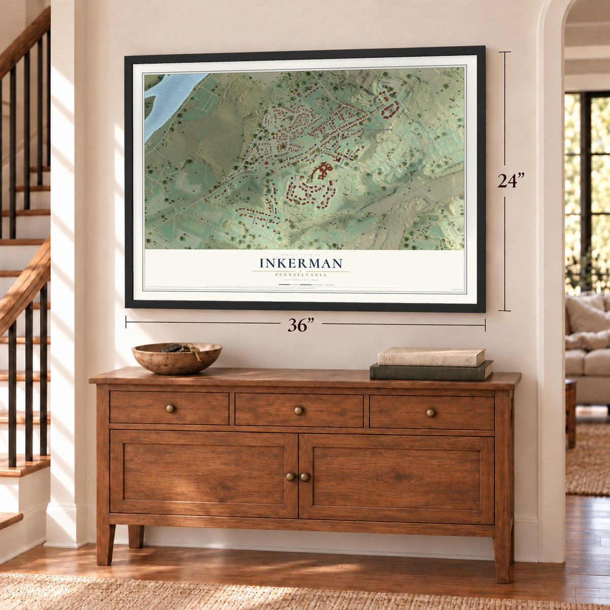Inkerman, Pennsylvania map, 24 x 36 inch print in a black frame above a dresser by a staircase