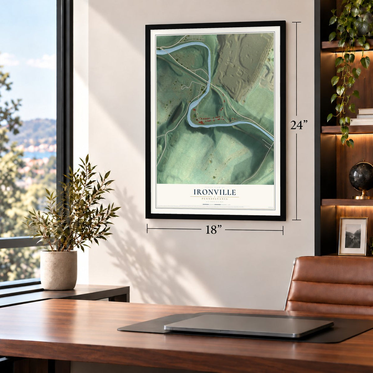 Ironville, Pennsylvania map, 18 x 24 inch print in a black frame in a home office