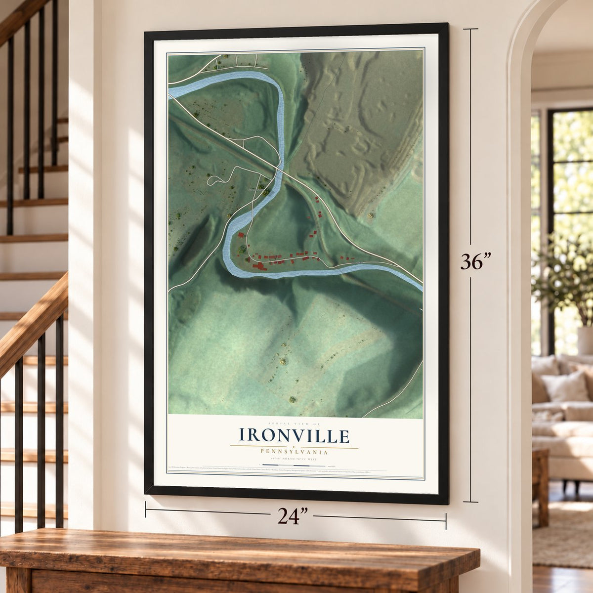 Ironville, Pennsylvania map, 24 x 36 inch print in a black frame by a staircase